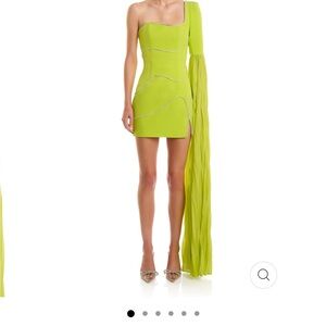 One-Shoulder Neon Lime Midi Dress with Draped Sleeve